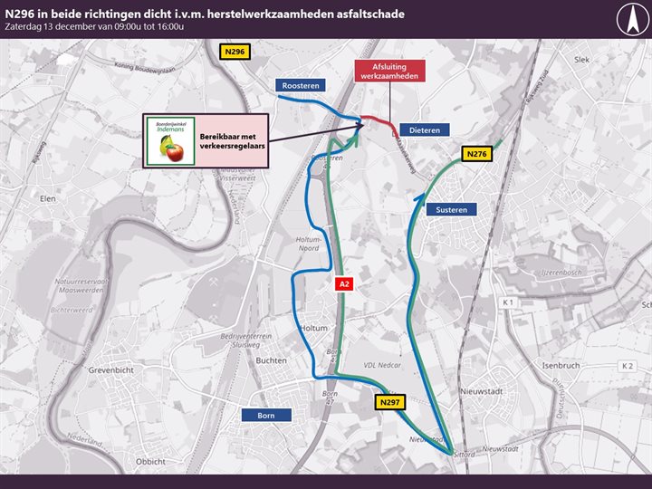 Overzichtskaart - N296 afgesloten i.v.m. herstelwerkzaamheden asfalt