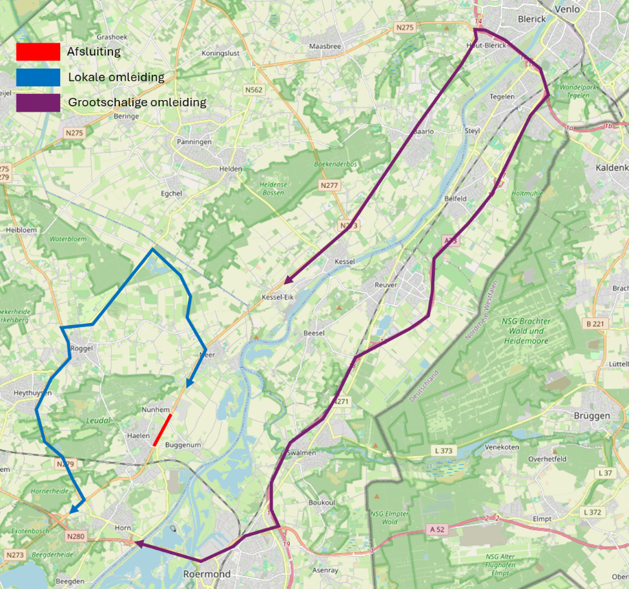 Lokale omleiding en grootschalige omleiding tijdens de afsluiting van de N273 bij Haelen