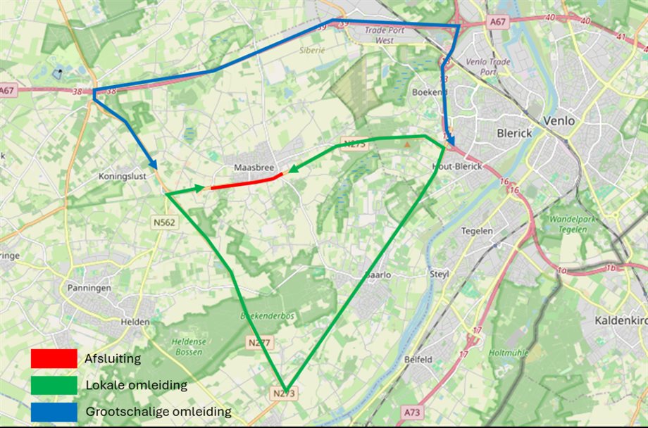 Afsluiting, lokale omleiding en grootschalige omleiding voor de werkzaamheden aan de N275.