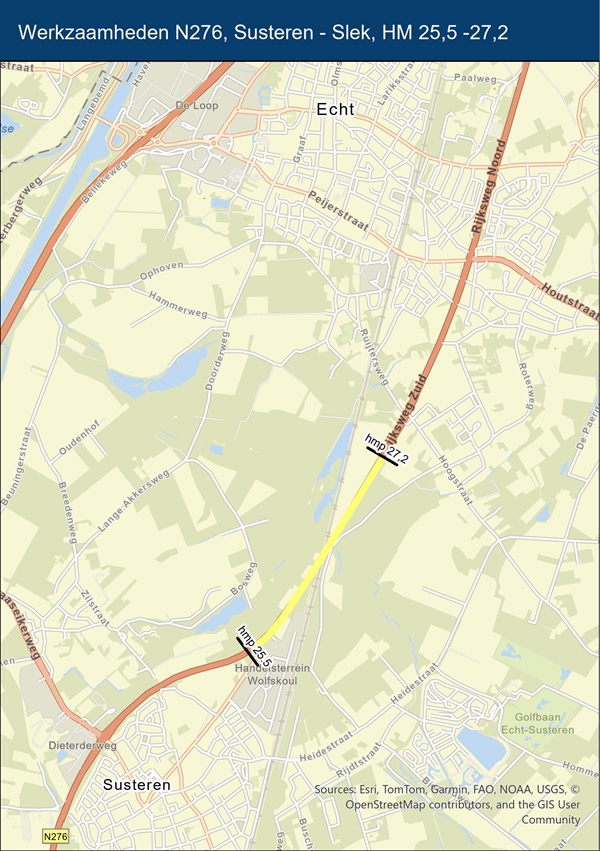 Plattegrond met locatie wegwerkzaamheden N276: de weg tussen Echt en Susteren heeft onderhoud tussen hectometerpaal 25,5 en 27,2