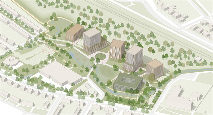 Luchtfoto van nieuwbouwplannen, 6 nieuwe gebouwen, in Drakensteyn bij Weert