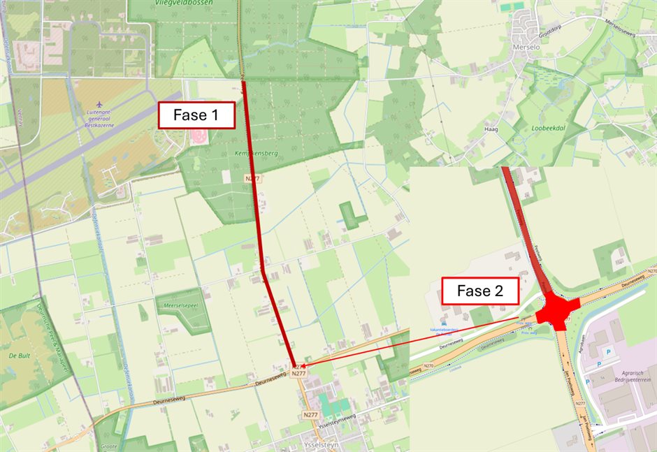 Kaart met rode lijnen die de twee fasen van werkzaamheden op de N277 bij Ysselsteyn aangeven