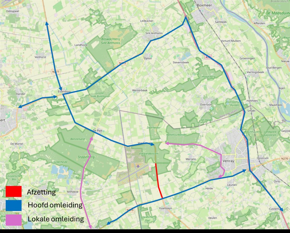 Kaart met in rood de afsluiting van de N277 en in blauw en paars de aangegeven hoofd- en lokale omleidingsroutes rondom Venray en Ysselsteyn.