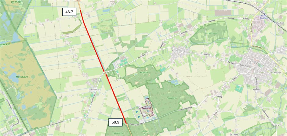 Kaart met afsluiting van de N277 bij Sevenum tussen hectometer 46,7 en 50,9