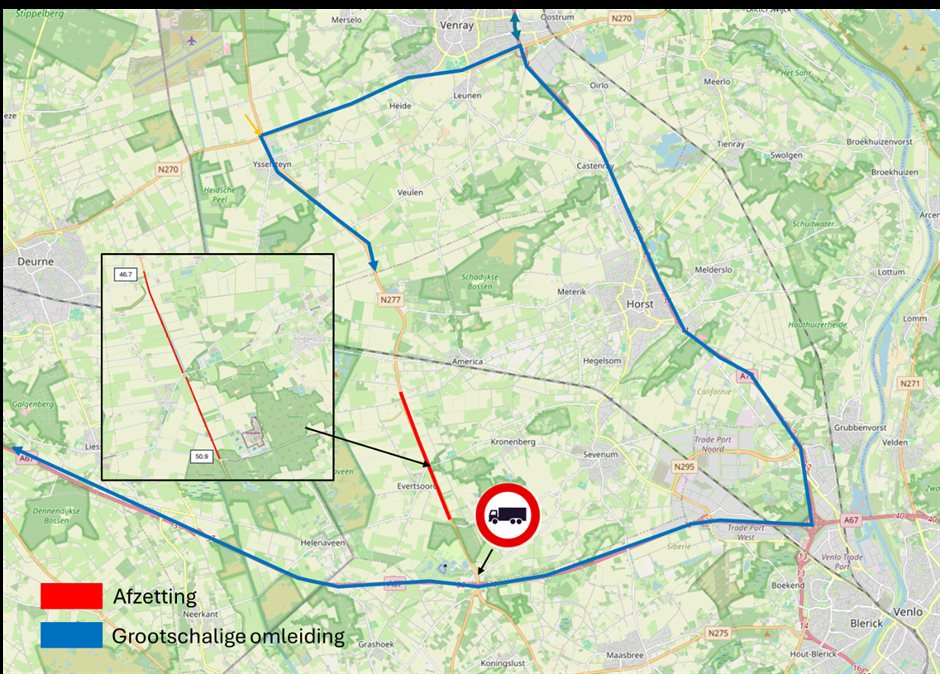 Afzetting (rood) en grootschalige omleiding (blauw) tijdens de werkzaamheden aan de N277.
