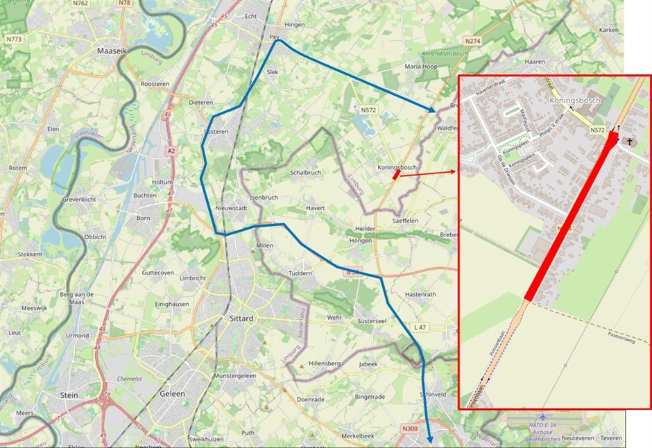 Overzicht werkzaamheden (rode lijn) en omleiding (blauwe lijn) N274 Koningsbosch