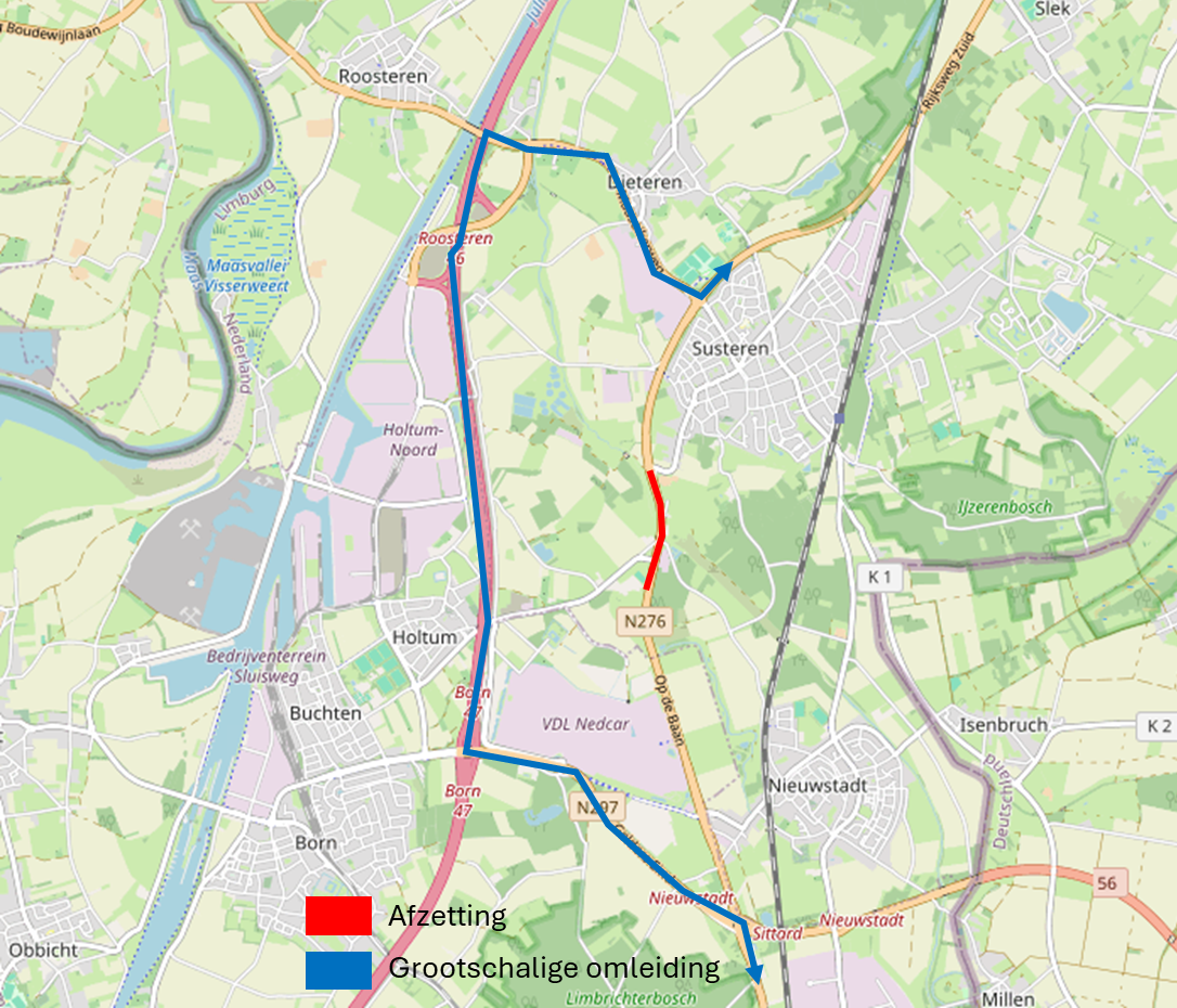 Afzetting en grootschalige omleiding tijdens de werkzaamheden aan de N276 bij Susteren