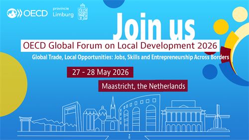 Visual van het OECD Forum, met als tekst het thema en datum 27-28 mei in Maastricht