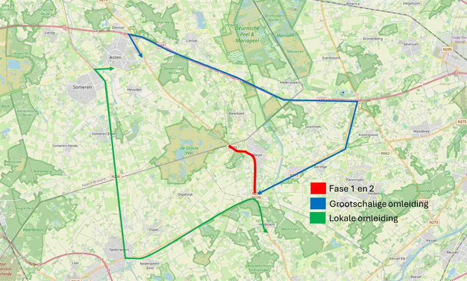 Omleidingen ivm werkzaamheden N279 Meijel. De lokale omleiding in de kleur groen. De grootschalige omleiding in de kleur blauw.