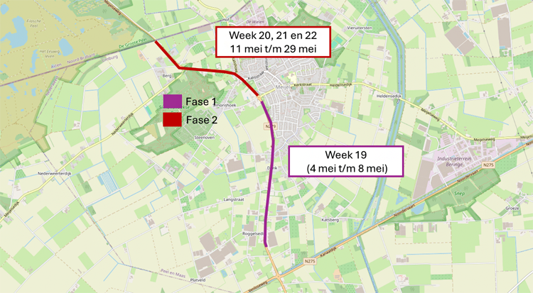 Werkzaamheden N279 Meijel. Fase 1 (paars) van 4 mei tm 8 mei. Fase 2 (rood) 11 mei tm 29 mei.