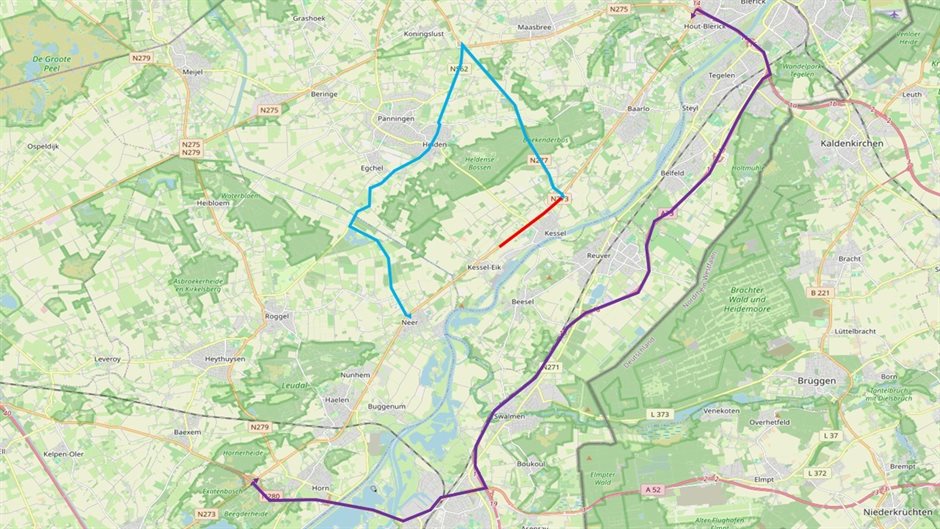 Tijdens de werkzaamheden aan de N273 bij Kessel is er een grootschalige omleiding over de A73