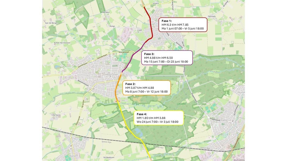 Kaart N279 vanaf Roggel met fase 1 tot en met 4