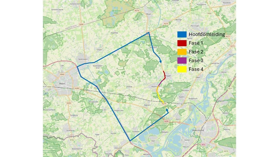 Kaart van de N279 met daarop de 4 werkfases en de hoofdomleiding