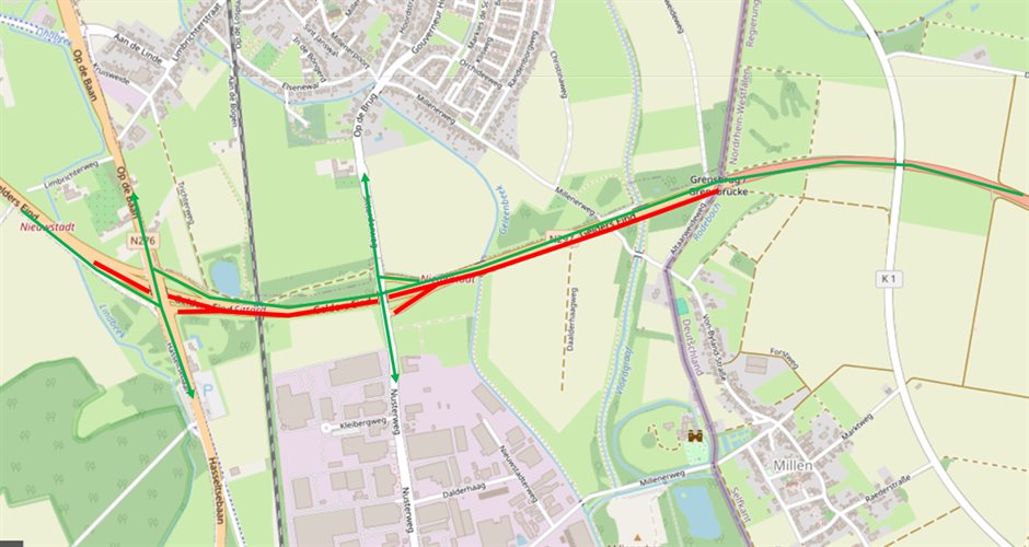 De werkzaamheden aan de N297 bij Born vinden plaats tussen hectometer 13.5 en 14.4 (rode lijn)