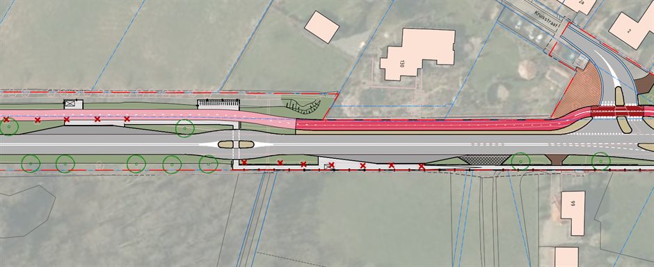 Bovenaanzicht van de entree van de N273 bij Neer met de bushaltes