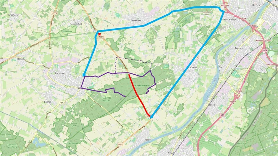 Omleidingen tijdens de werkzaamheden aan de N277: in blauw (grootschalige omleiding) en paars (lokale omleiding) weergegeven
