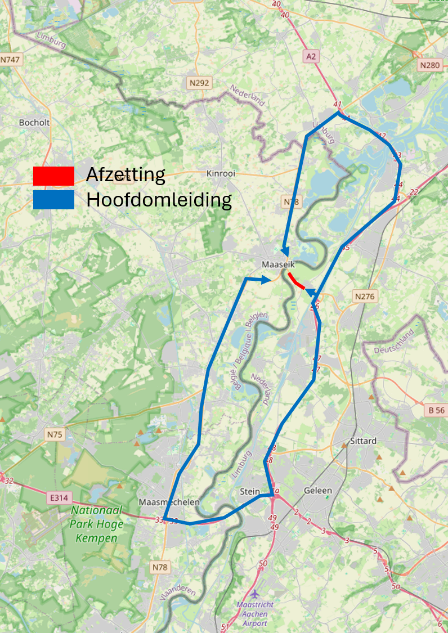 In rood de afzetting, in blauw de grootschalige omleiding via België