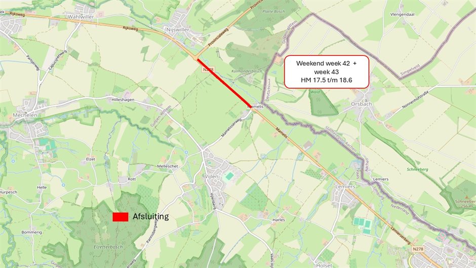 Kaart met de werkzaamheden aan de N278: de weg is afgesloten tussen de rotonde bij Nijswiller en de rotonde bij Mamelis