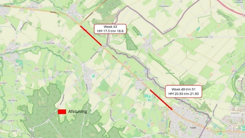 Kaart van de werkzaamheden tussen aan de N278 tussen Nijswiller en Vaals