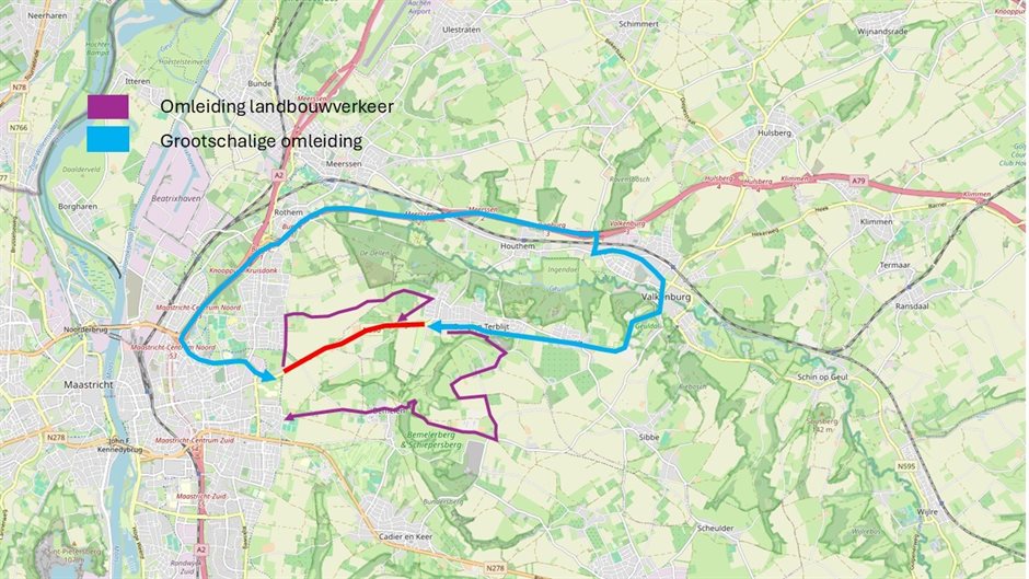 Kaart met de omleidingen tijdens de werkzaamheden aan de N590