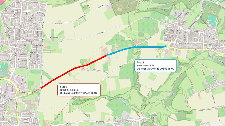 Kaart van de N590 met daarop de twee fases aangegeven: fase 1 (westelijk, kant Maastricht) en fase 2 (oostelijk, kant Berg en Terblijt)