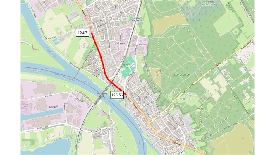 De werkzaamheden aan de N271 vinden plaats tussen hectometer 123.56 en 124.7, op de kaart in rood gemarkeerd.