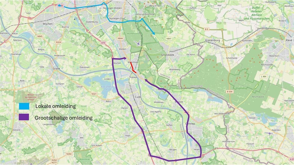 De N271 tijdens de werkzaamheden. In rood het afgesloten deel. In blauw de lokale omleiding. In paars de grootschalige omleiding.