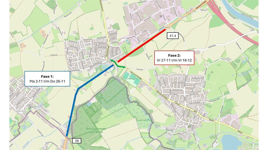 Kaart met afsluitingen van de N273 tijdens de werkzaamheden