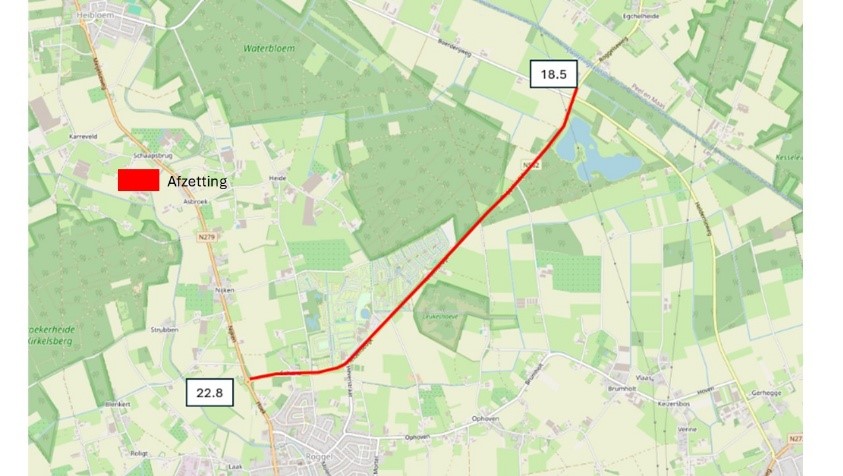 Kaart van de N562 bij Roggel tijdens de werkzaamheden