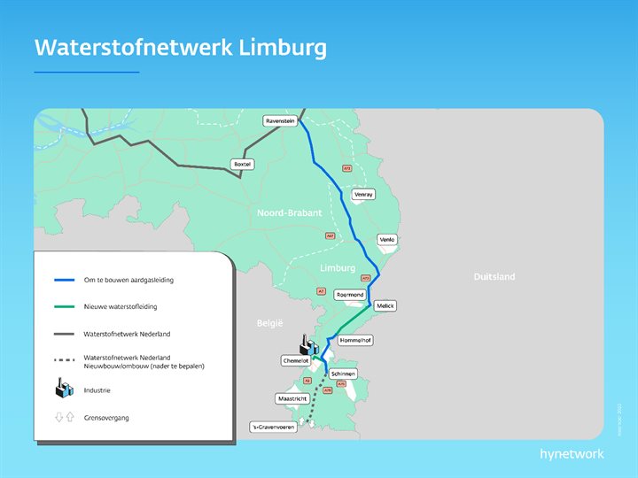 Kaart met het geplande tracé voor Waterstofnetwerk Limburg.