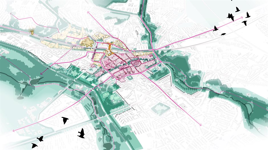 Stedenbouwkundige kaart van een centrumgebied aan een rivier, met routes, groenzones en pijlen die verbindingen en ontwikkelrichtingen aangeven.