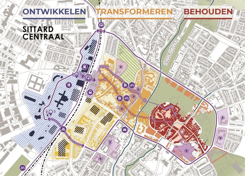 Gebiedsvisie van Sittard Centraal met drie zones: ontwikkelen, transformeren en behouden, inclusief routes en knooppunten rond station en binnenstad.