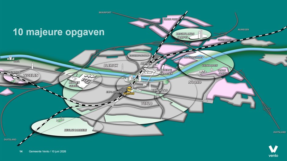 Regionale ontwikkelkaart van Venlo met tien majeure opgaven, stationsgebieden, campussen, logistieke zones en verbindingen richting Duitsland en Nijmegen.
