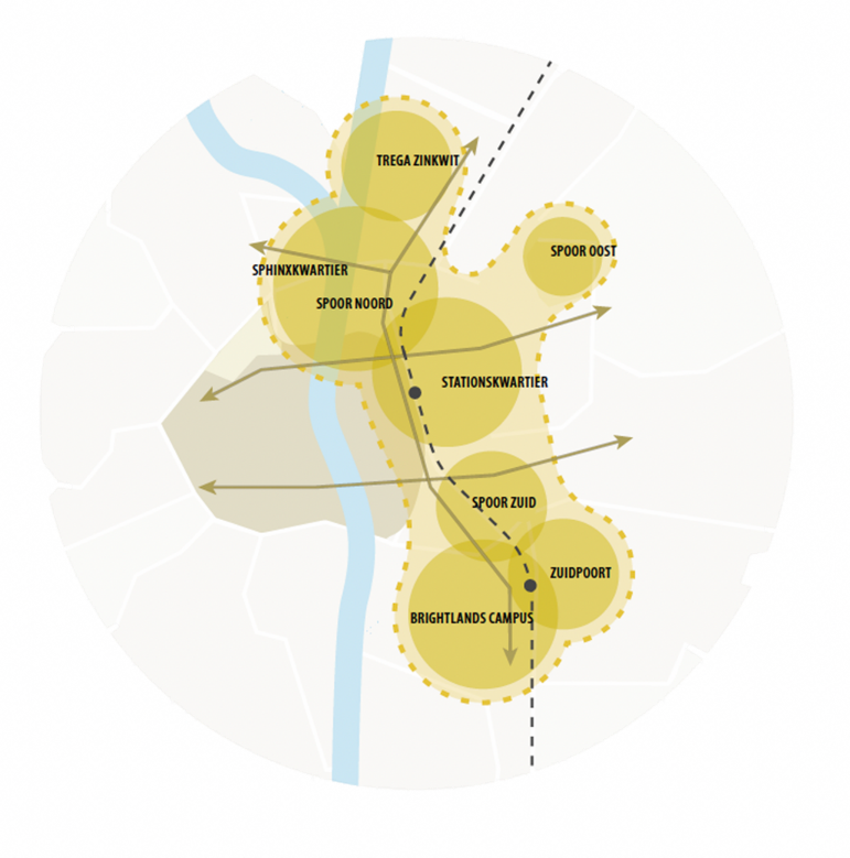 Schematische gebiedskaart met gemarkeerde deelgebieden, waaronder Sphinxkwartier, Spoor Noord, Stationskwartier, Spoor Zuid, Zuidpoort en Brightlands Campus.