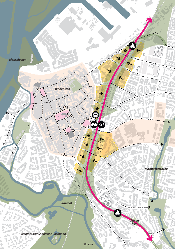 Mobiliteitskaart van Roermond met een noord-zuidroute voor fiets en openbaar vervoer langs de binnenstad en omliggende wijken
