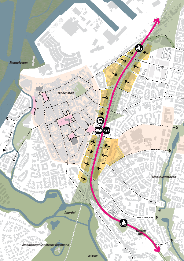 Mobiliteitskaart van Roermond met een noord-zuidroute voor fiets en openbaar vervoer langs de binnenstad en omliggende wijken.