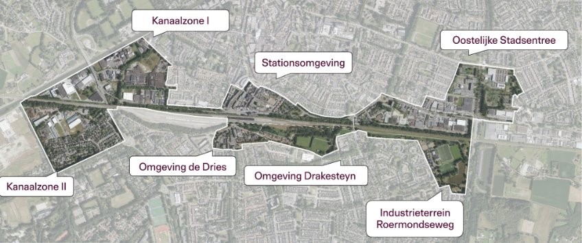 Luchtfoto met afgebakende ontwikkelgebieden langs een kanaal en spoorzone, waaronder Kanaalzone I en II, Stationsomgeving en Oostelijke Stadsentree.
