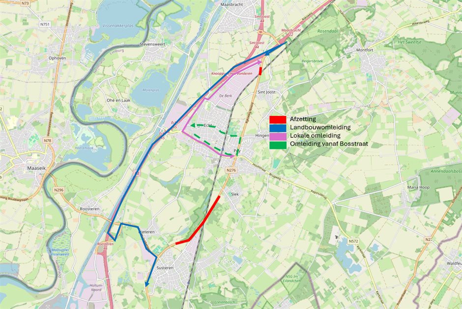 Kaart met omleidingen tijdens de werkzaamheden aan de N276.